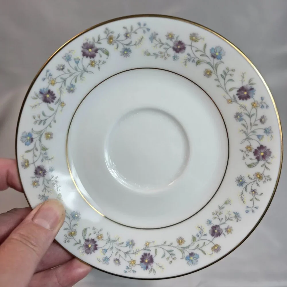 FOUR Noritake Longwood #2485 Cup & Saucer Sets Purple, Blue & Yellow Flowers
